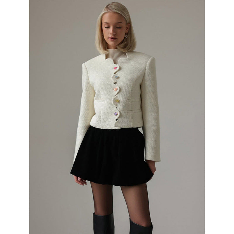 Women's Bouclé Cropped Blazer with Sculptural Shoulder and Wavy Button Placket Amarae