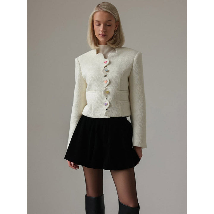 Women's Bouclé Cropped Blazer with Sculptural Shoulder and Wavy Button Placket Amarae