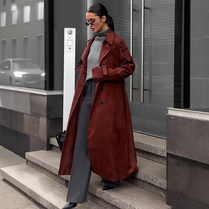 Women's long trench coat made of suede imitation with double button placket Amarae