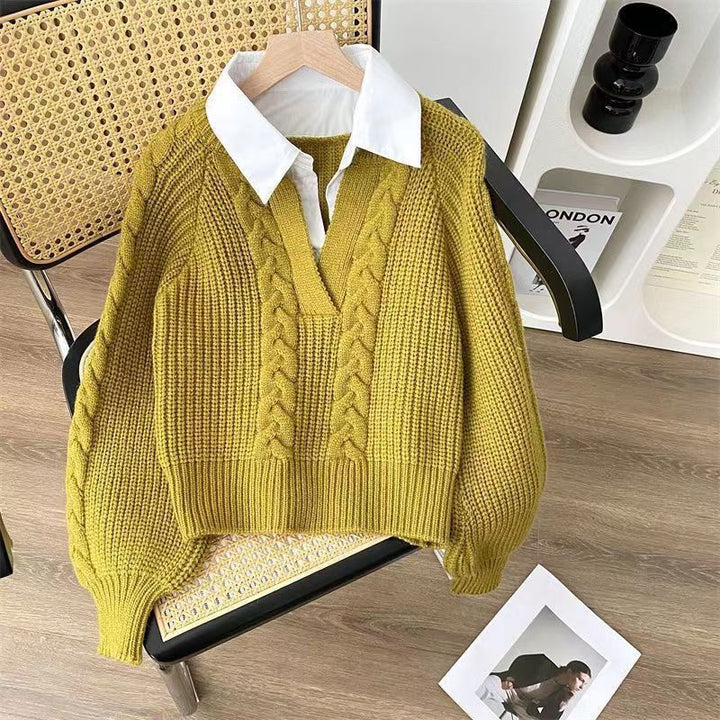 Pull en tricot épais pour femmes avec col en V et look fil Chic & Stil