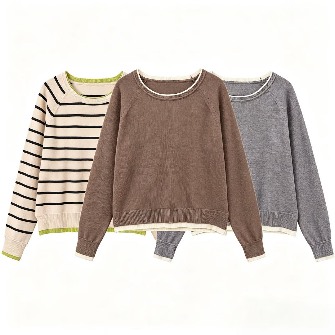 Women fine knit sweater with layer look, round neck and raglan sleeves Amarae