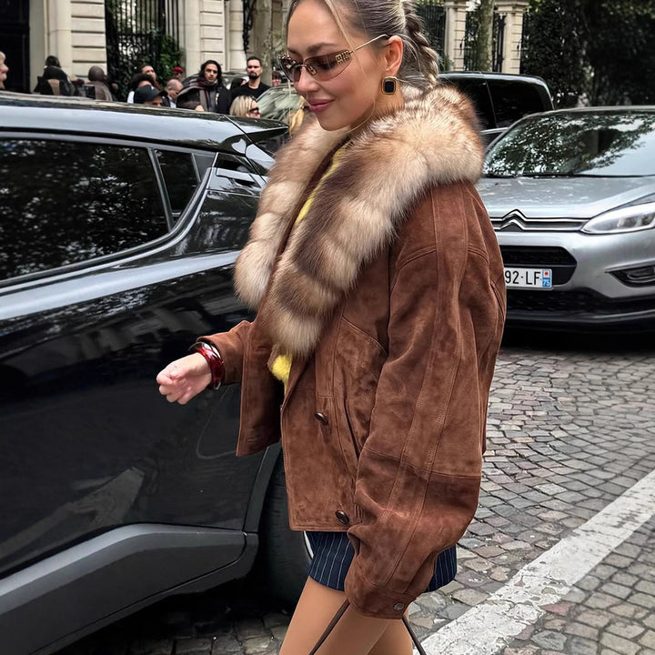 Women's suede bomber jacket with voluminous fur scarf and elastic hem Amarae