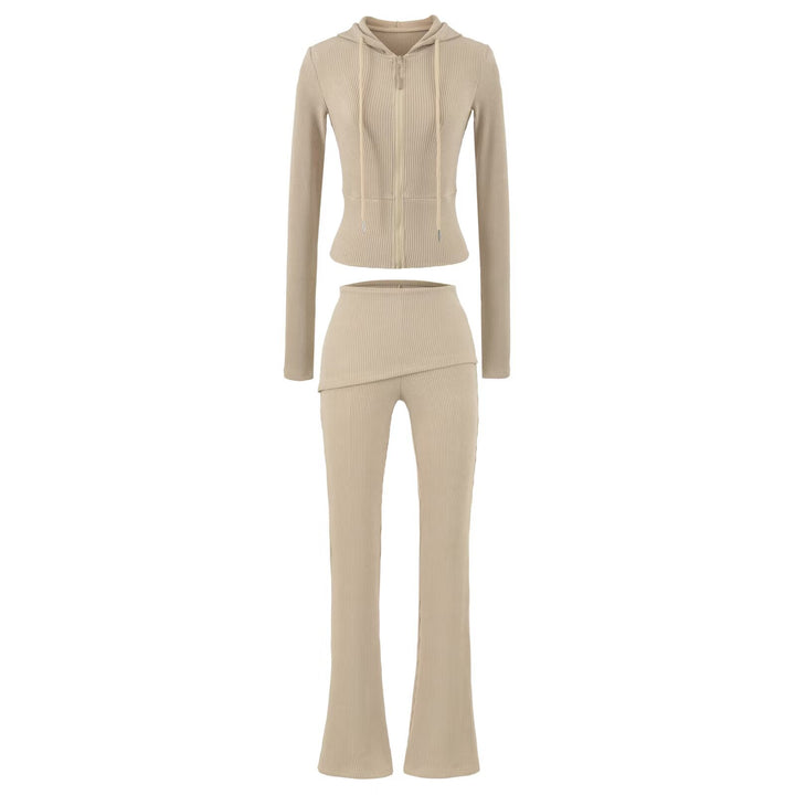 Women's Ribbed Lounge Set with Hooded Jacket and Wrap Waist Pants Amarae