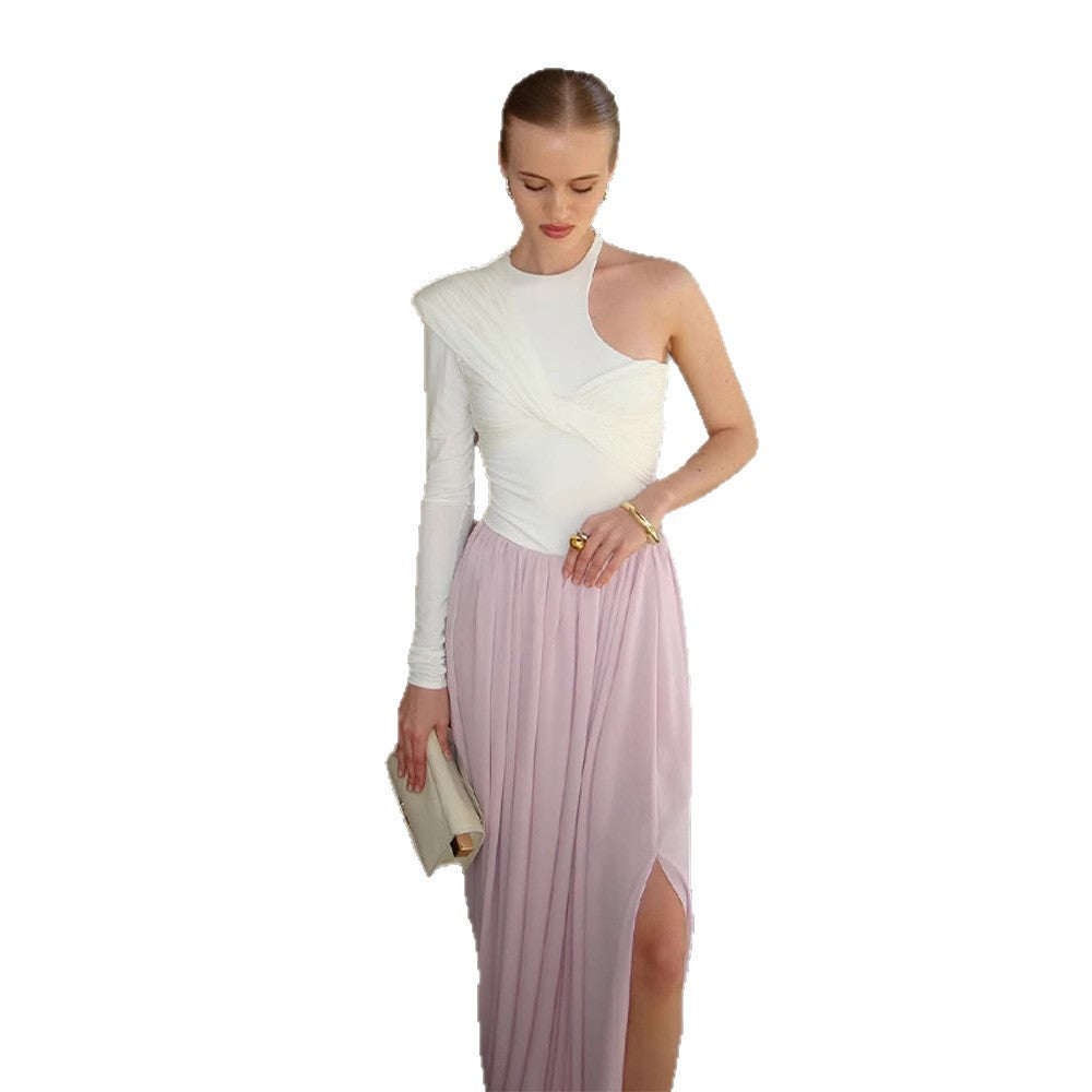 Women Asymmetric One-Shoulder Maxi Dress with Draped Top, Long Pleated Skirt and Leg Slit Amarae