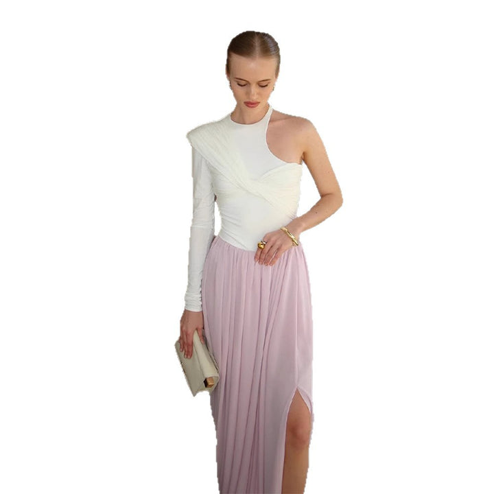 Women Asymmetric One-Shoulder Maxi Dress with Draped Top, Long Pleated Skirt and Leg Slit Amarae