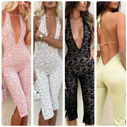 Ladies jumpsuit made of delicate lace with a deep neckline and side slits Amarae