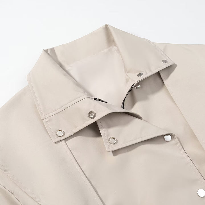 Women's Short Cape Trench with Stand Collar, Waist Belt, and Patch Pockets Amarae