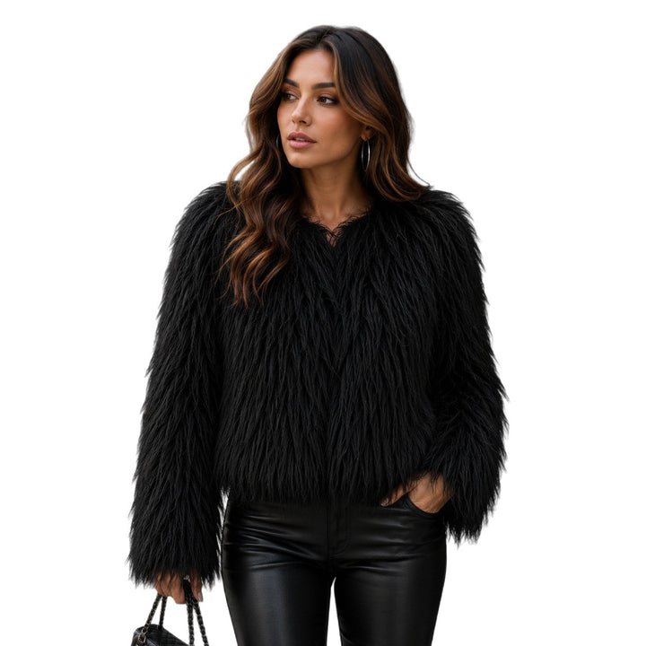 Women Short-Cut Shaggy Faux Fur Jacket with Round Neck, Extra Soft Long Hair and Casual Fit Amarae