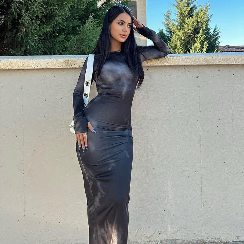 Ladies Elegant fitted maxi dress with long sleeves and refined draping Lune London