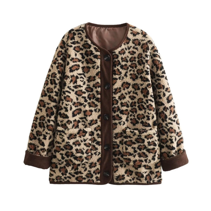 Women's Oversized Faux Fur Jacket in Leopard Print with Cord Trim and Patch Pockets Amarae