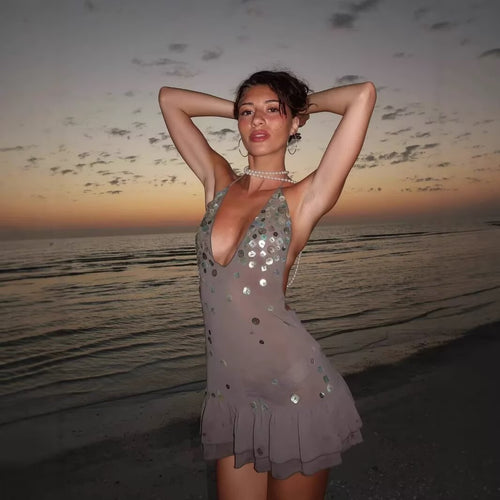 Summer dress for women with shimmering sequins and a voluminous hem Amarae