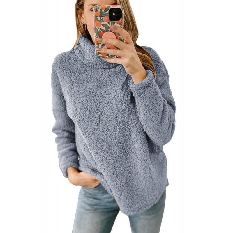 Women's Cozy Oversized Teddy Sweater with Stand-Up Collar and Curved Hem Amarae