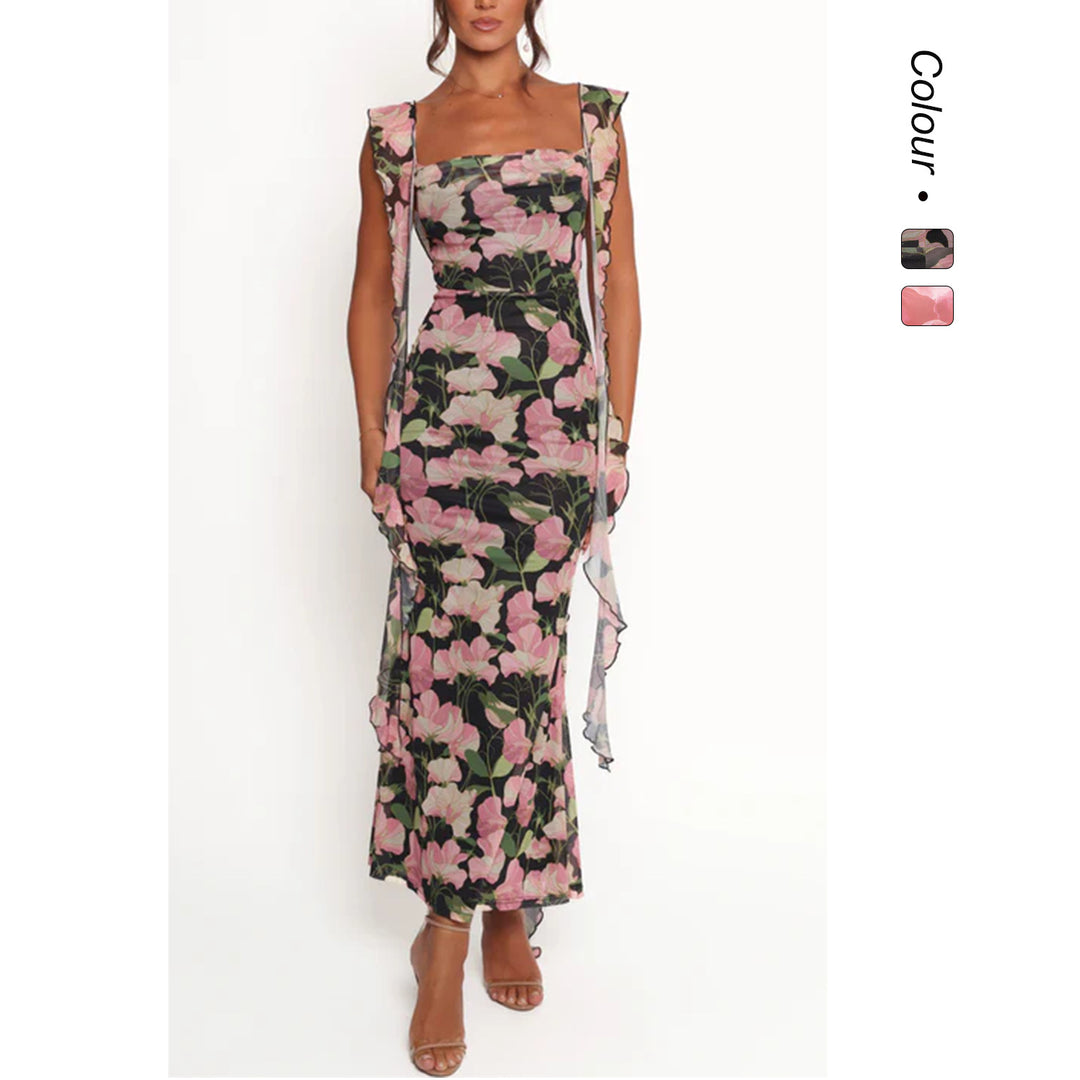 Ladies pencil dress with romantic floral design and ruffled sleeves Lune London