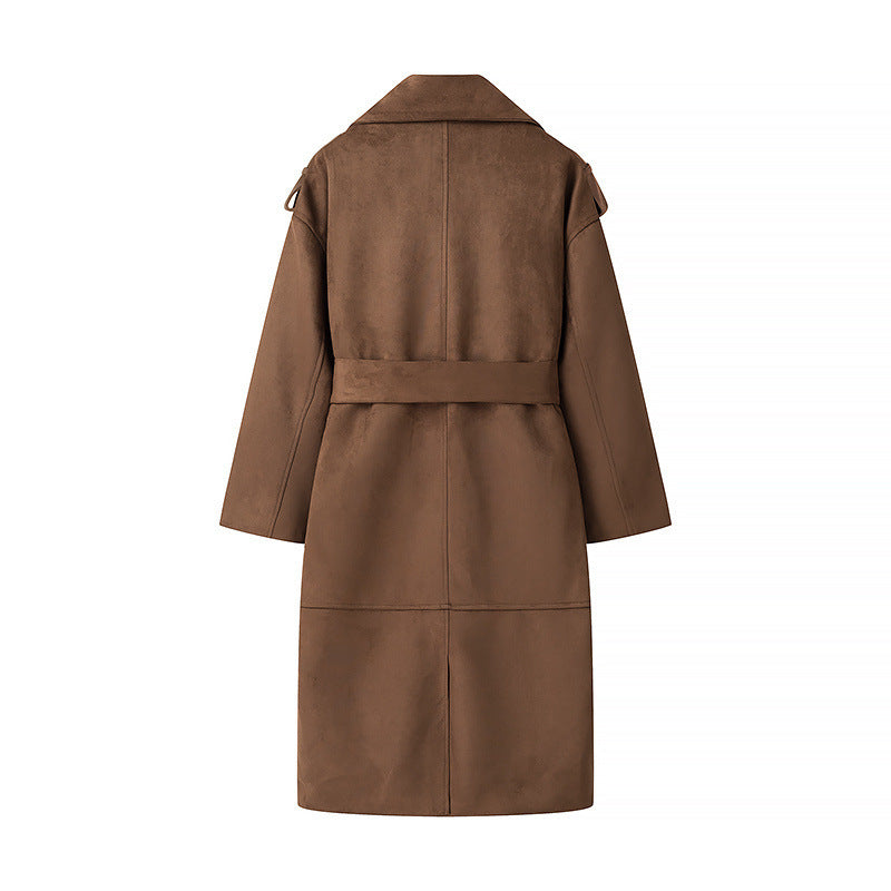 Ladies Oversize Suede Trench Coat with Waist Belt and Large Shawl Collar Amarae
