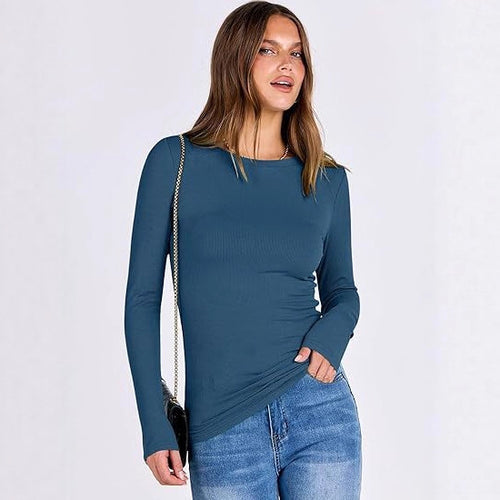Long sleeve women's T-shirt with textured ribbed design and discreet round neck Amarae