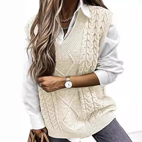 Knitted vest for women with braided design and V-neck Amarae