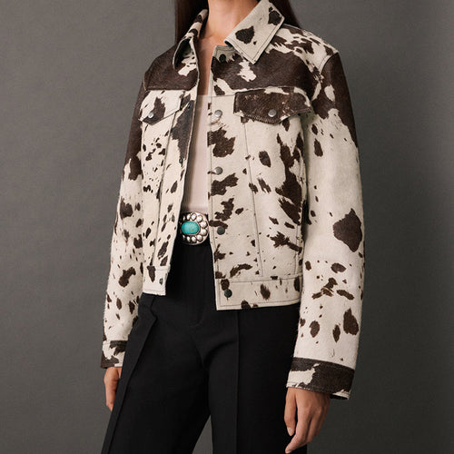 Cropped denim jacket for women with a trendy animal print Amarae