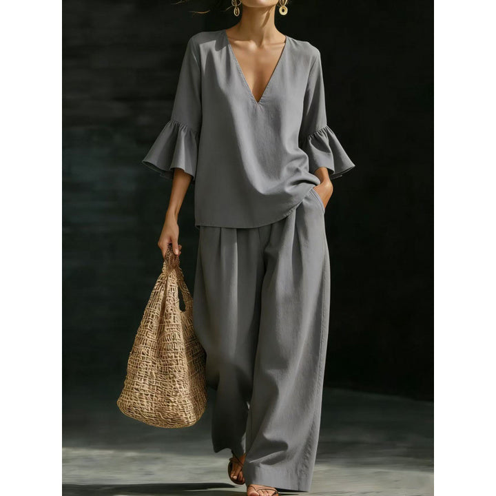 Women's Two-Piece V-Neck Tunic Set with Ruffle Sleeves and Wide High-Waisted Palazzo Pants Amarae