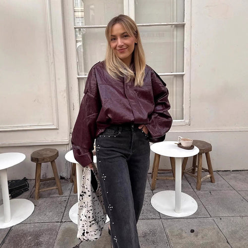 Women's short jacket in glossy patent look with boxy silhouette and dropped shoulders Amarae