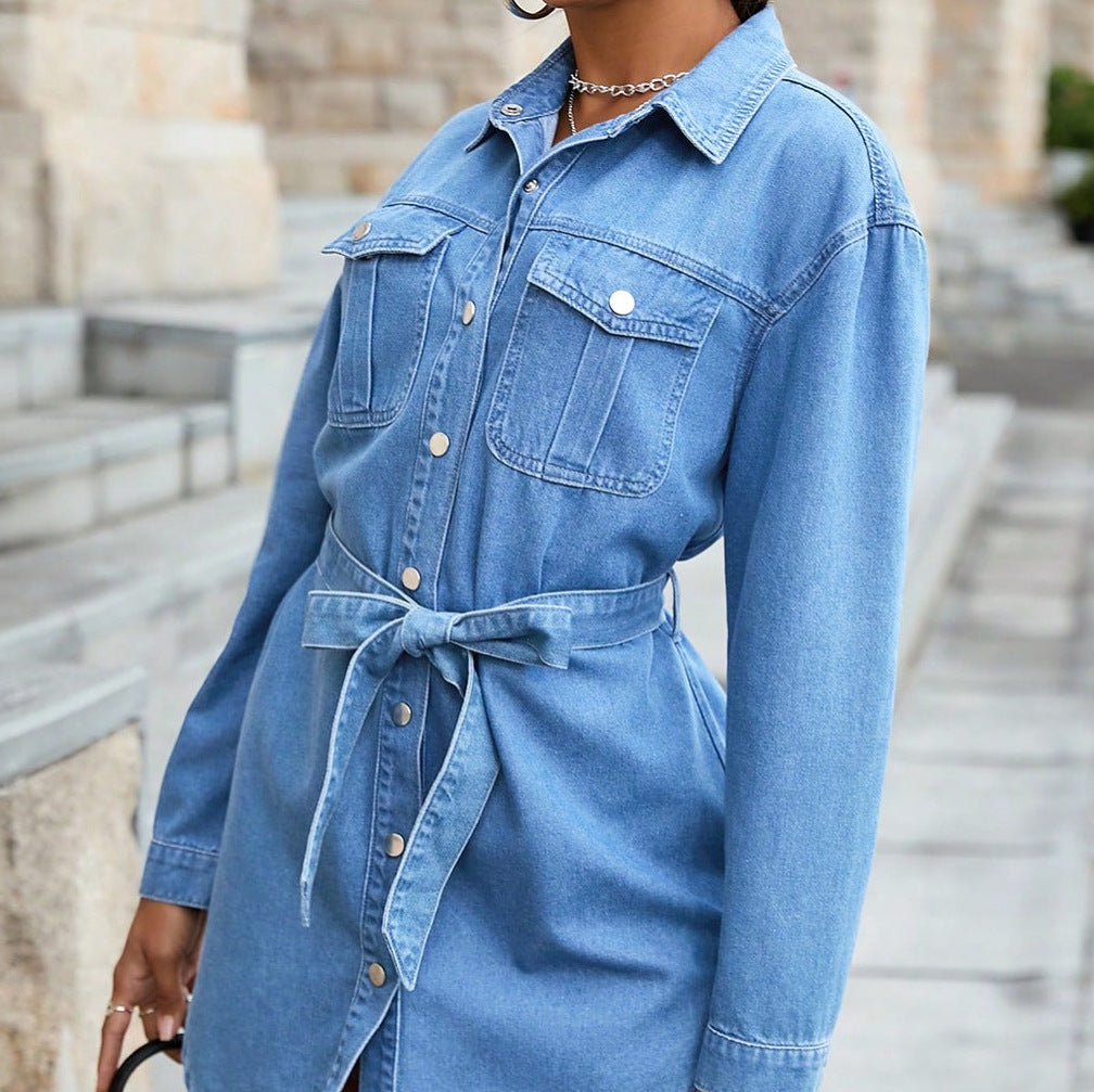 Ladies' fitted denim shirt dress with tie belt and snap button placket Amarae