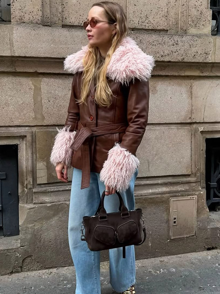 Women tailored leather imitation jacket with tie belt, opulent removable faux fur shawl collar and fur cuffs Amarae