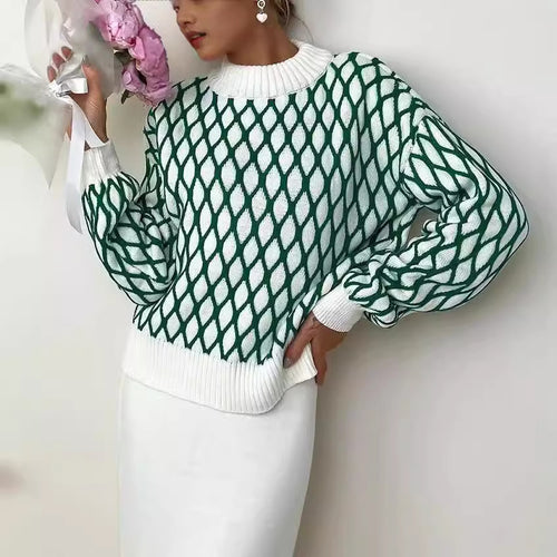 Knitted sweater for women with a modern diamond pattern and contrasting details Amarae