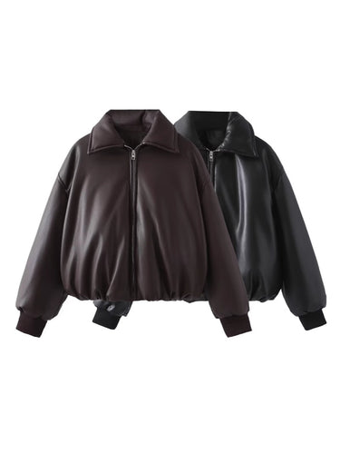 Quilted jacket for women in faux leather with high collar and elastic cuff Amarae