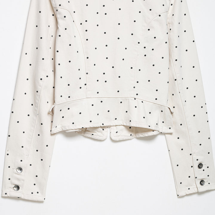 Women's Polka Dot Cropped Denim Jacket with Stand-up Collar, Zipper and Flap Pockets Amarae