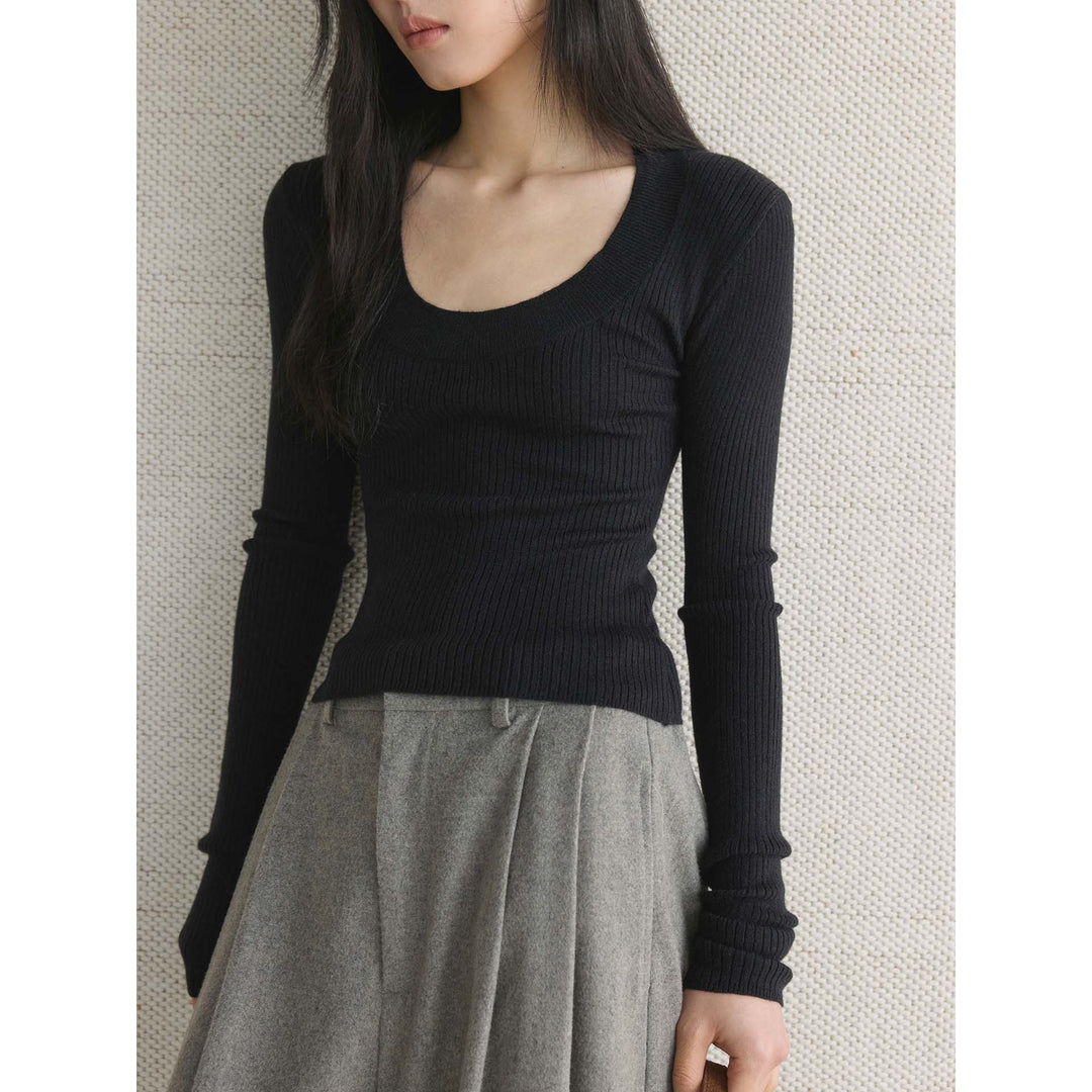 Women Slim-Fit Ribbed Long Sleeve with Wide U-Neck