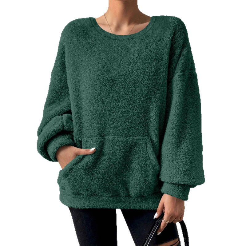 Ladies Cozy Oversized Sherpa Sweater with Kangaroo Pocket and Balloon Sleeves Amarae