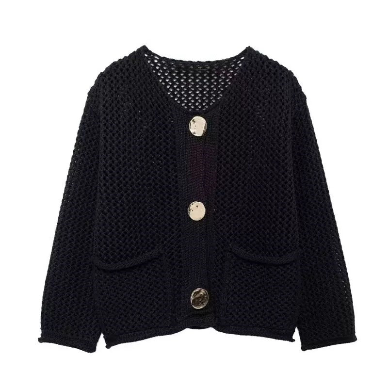 Cardigan pour femmes avec structure en mesh et grands détails de bouton Chic & Stil