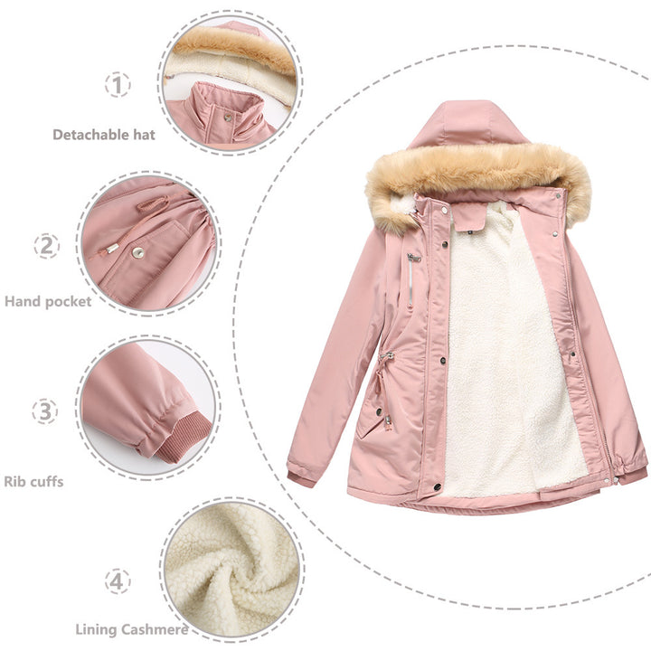 Veste de plein air pour femmes à la mode avec col en fausse fourrure amovible et cordon de taille élastique Lune London