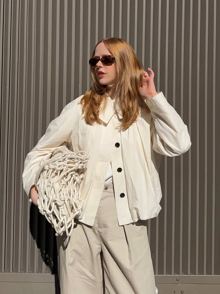 Women's Lightweight Cropped Blouse Jacket with Boxy Silhouette, Oversized Shirt Collar and Balloon Sleeves Amarae
