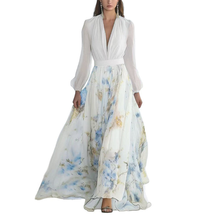 Lune London Elegant puff sleeve floral chiffon maxi dress for women