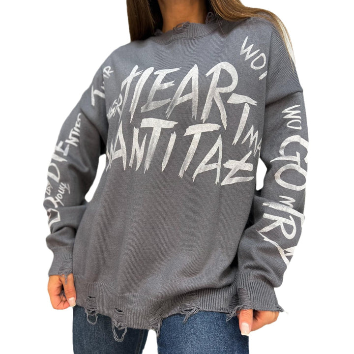 Oversized sweatshirt for women with creative inscription and trendy ripped details Lune London