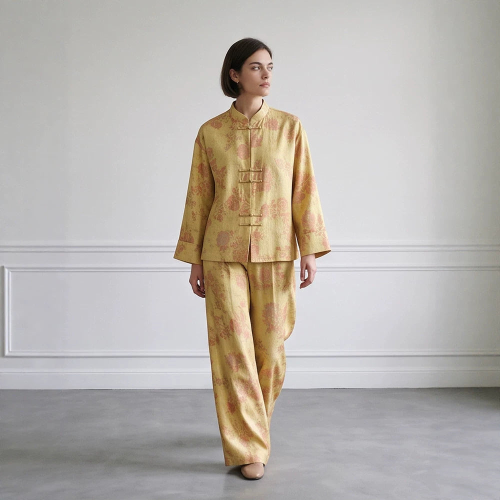 Womens Two-Piece Jacquard Set with Mandarin Collar and Wide Cut Trousers Amarae