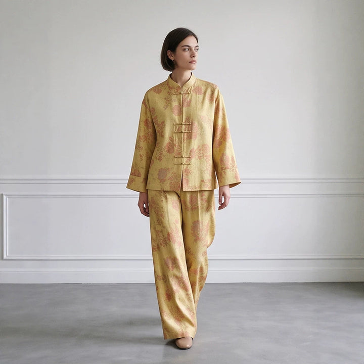 Womens Two-Piece Jacquard Set with Mandarin Collar and Wide Cut Trousers Amarae
