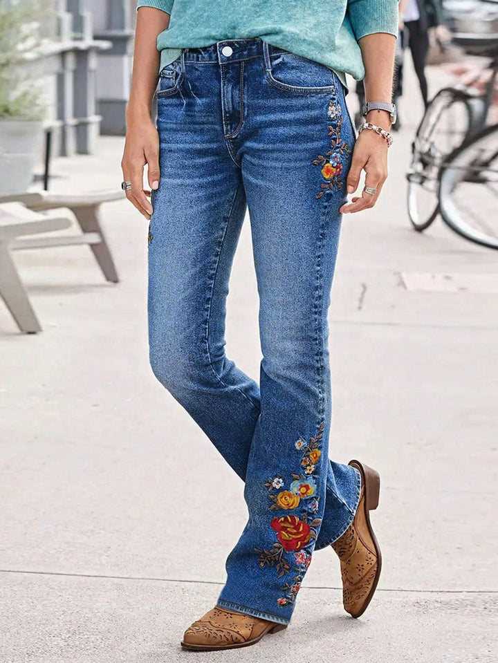 Women's Bootcut Jeans with Side Floral Embroidery and Comfortable Stretch Waistband Amarae
