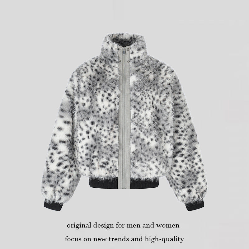 Women's Cropped Faux Fur Bomber Jacket with High Stand-Up Collar, Polka Dot Leopard Pattern, and Ribbed Hem Amarae