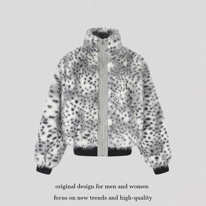 Women's Cropped Faux Fur Bomber Jacket with High Stand-Up Collar, Polka Dot Leopard Pattern, and Ribbed Hem Amarae