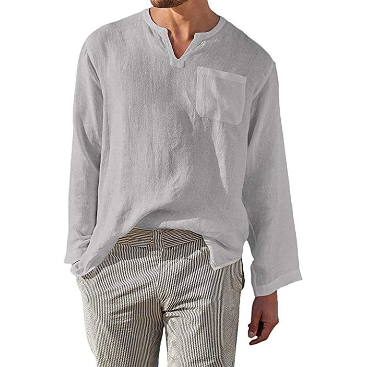 Men's long sleeve linen shirt with Henley collar and chest pocket Lune London
