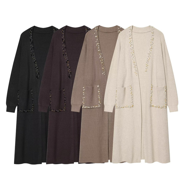 Ladies long knitted cardigan with pearl detailing Amarae