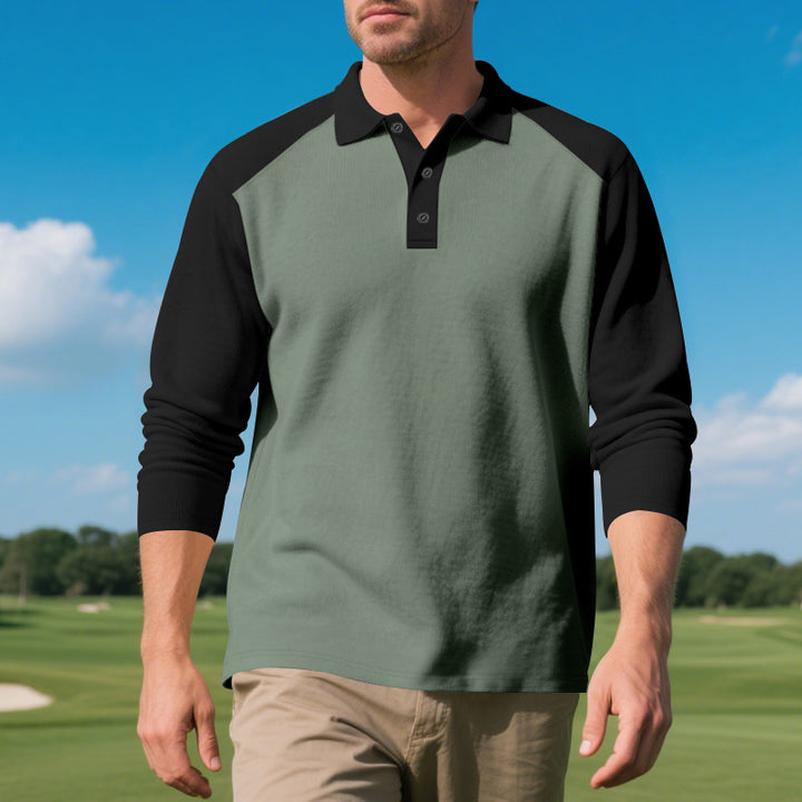 Men's long sleeve polo shirt with contrasting sleeves in breathable cotton blend Lune London