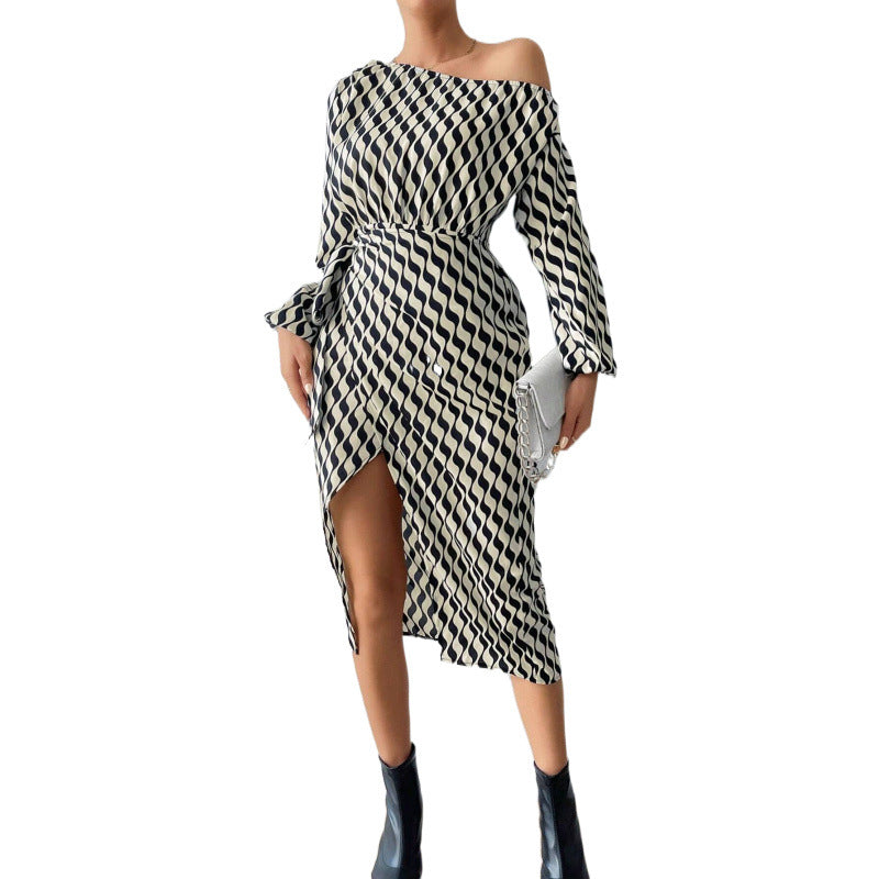 Midi dress for women with asymmetric cut and elegant wave pattern Lune London