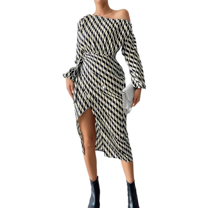 Midi dress for women with asymmetric cut and elegant wave pattern Lune London