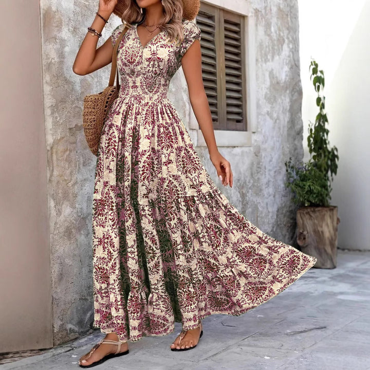 Maxi flower dress for women with V-neck and ruffled hem Lune London