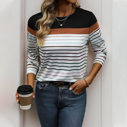Ladies casual striped long sleeve t-shirt with round neck Amarae