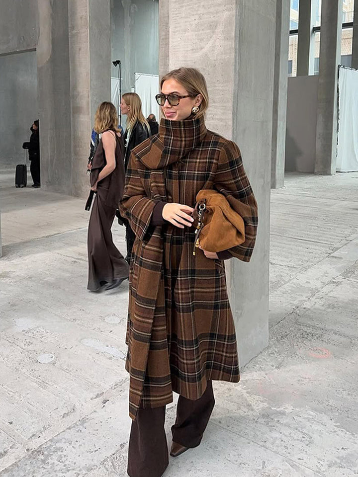 Ladies long coat in check look made of wool mix with oversized stand-up collar and bell sleeves Amarae