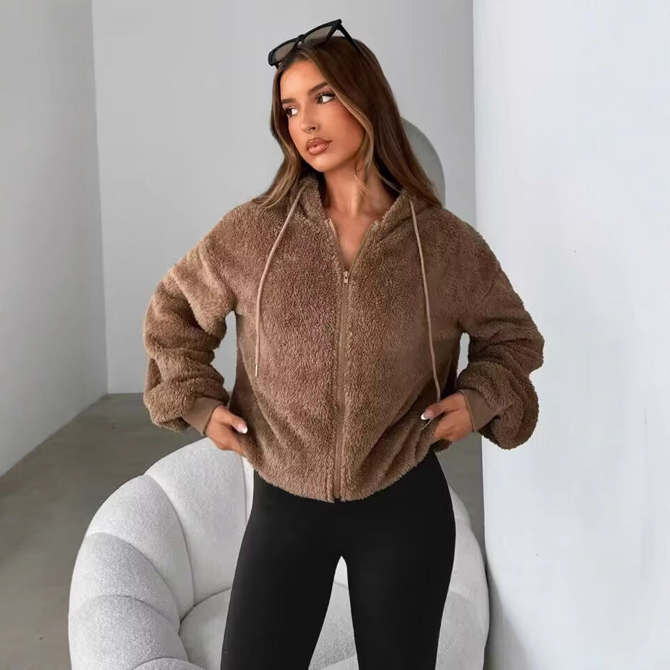 Teddy-fleece jacket for women with hood and elastic cuffs Lune London