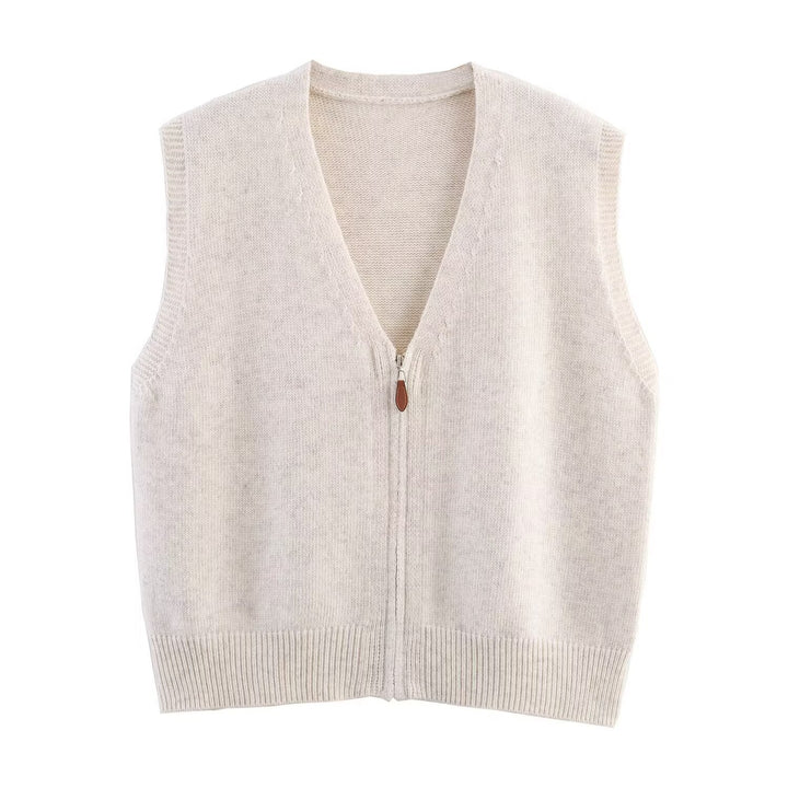 Women's knitted vest with full-length zipper and V-neck Amarae